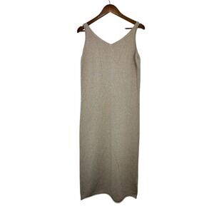 Halogen Women's Gold Metallic Knit V Neck Midi Dress Beige Tank Style Glam L